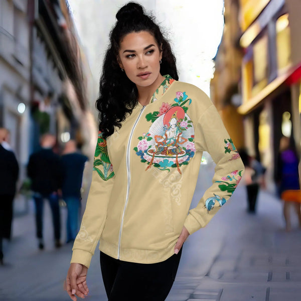 Green Tara Thangka Bomber Jacket - a fusion of spirituality and fashion